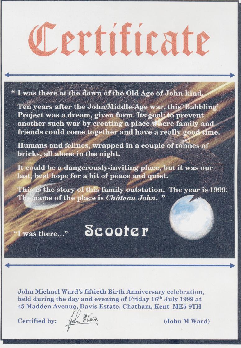 Scooter's Certificate from John's Fiftieth Birth Anniversary Event